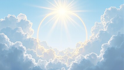 Wall Mural - tranquil circular space with fluffy clouds and golden sunlight evoking hope