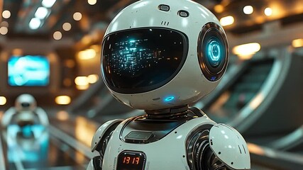 Poster - Robotic figure stands in a sleek, futuristic environment with glowing screens and dynamic lighting