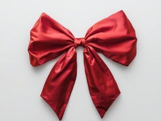 Poster - The shiny atlas red ribbon with bow is isolated on a white background. It is ideal to use as a wrapping paper for Valentine's, birthday invitations, Father's, and Women's Day gifts.