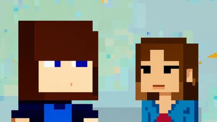 Poster - two animated characters chatting against a colorful background generative ai