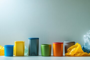 Aufkleber - Colorful reusable containers sit beside discarded single-use plastics, emphasizing the urgent need to address environmental issues. Generative AI