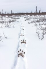 Wall Mural - A set of bear tracks leads through a snowy tundra landscape.