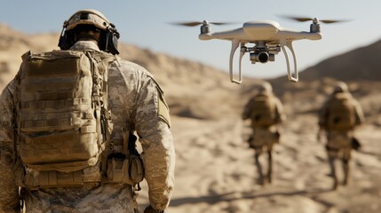 Soldiers and an unmanned drone traverse a barren desert landscape under a clear blue sky, epitomizing modern warfare technology.