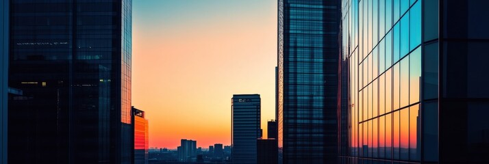 Poster - Tall skyscrapers create striking silhouettes as they stand against a colorful sunset sky, marking a beautiful urban evening. Generative AI