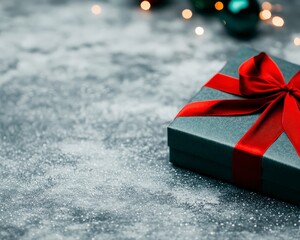 Wall Mural - A single gift box with a red ribbon bow on a grey textured background, with festive lights and Christmas decorations out of focus.