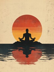Poster - A serene silhouette meditates on a tranquil shore as a colorful sunset casts reflections on the calm waters nearby. Generative AI