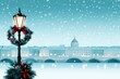© good everyday - A snowy cityscape with a festive street lamp adorned with a wreath.