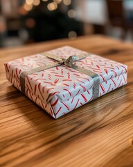 Wall Mural - A square gift box with red and white wrapping paper and silver ribbon on a wooden table.