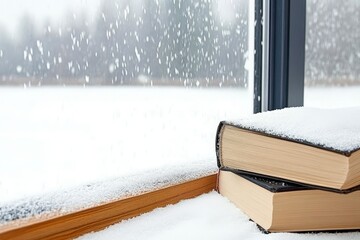 Wall Mural - A stack of books sits on a windowsill covered in fresh snow with a view of a snowy landscape outside.