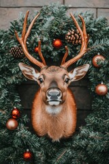 Wall Mural - A taxidermied deer head is surrounded by a Christmas wreath with pine cones and ornaments.