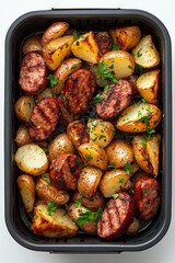 Poster - Grilled sausage and roasted potatoes with herbs served in a black baking dish