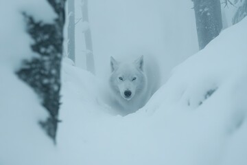 Wall Mural - A white wolf emerges from a snowy forest, its piercing blue eyes staring intently at the viewer.