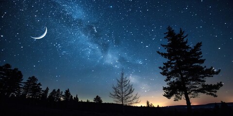A dark blue black night sky with thousands of twinkling stars and a crescent moon hanging low in the corner, starry landscape, universe, cosmos, stars, astronomy stock