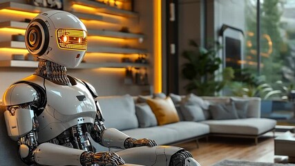 Poster - A futuristic robot relaxes in a modern living room filled with natural light and stylish decor