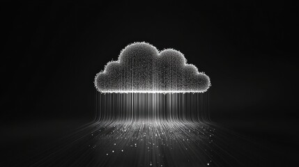 Fototapete - A data cloud appears with fine lines extending downwards, symbolizing data transfer in a dark digital landscape. Generative AI