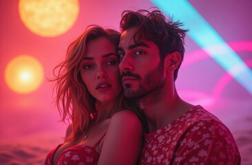 Wall Mural - A romantic couple embraces in a colorful atmosphere with vibrant lights and soft hues during a dreamy night on the beach
