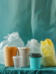 Aufkleber - This image illustrates a variety of reusable containers positioned against a backdrop of discarded single-use plastic bags and cups. Generative AI