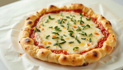 Delicious pizza with tomato sauce and cheese, crust with herbs, minimalist presentation, copy space