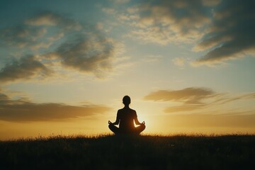 Poster - A person sits cross-legged in a grassy field, meditating peacefully as the sun sets, casting beautiful colors across the sky. Generative AI