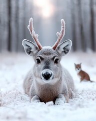 Wall Mural - A young deer with frosted antlers lies in the snow with a fox in the background.