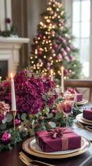 Poster - Festive table setting with hydrangeas and candles for a cozy holiday gathering in December