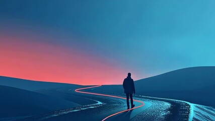 Poster - man is approaching an area with enhanced brain power, symbolized by a glowing path leading towards a