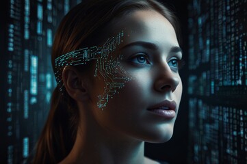 Poster - woman face merging with digital code, futuristic concept of artificial intelligence or virtual reality, dark background with glowing data