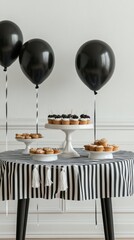 Wall Mural - Elegant black and white dessert table setup for a celebration with balloons and sweets