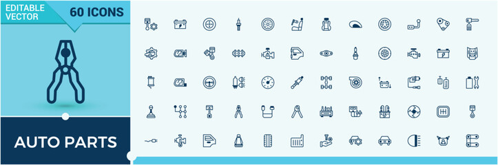 auto parts solid line web icon set. includes thin line isolated, oil, tire, air, automotive icon and