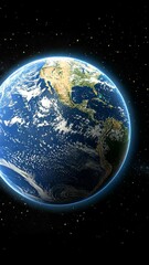 Wall Mural - A blue planet with clouds and continents is visible in the vastness of space, surrounded by twinkling stars