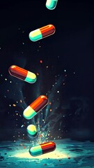 Wall Mural - Red and blue pills falling into a sparkling blue surface