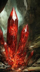 Wall Mural - red crystals glow in the dark depths of a cavern