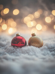 Aufkleber - Red and gold Christmas tree ornaments sit nestled in a bed of soft snow