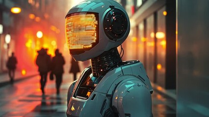 Poster - A futuristic robot stands in a vibrant cityscape during a bustling evening