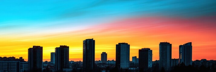 Poster - Tall buildings create striking silhouettes against a colorful sunset sky, illuminating the urban landscape at dusk. Generative AI