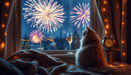celebrates new year's eve on a bridge over a festively lit city with fireworks exploding in the nigh