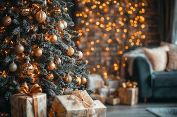 Aufkleber - A flocked Christmas tree with gold and silver ornaments sits in a living room with string lights