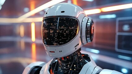 Poster - A glowing-visored robot stands in a high-tech lab showcasing advanced technology