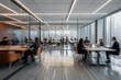 © Images from Dreams - Dynamic modern office space with professionals collaborating and working diligently, showcasing motion blur and a cityscape visible through large windows