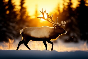 Wall Mural - Majestic elk with large antlers walks through snowy forest with sun shining through trees.