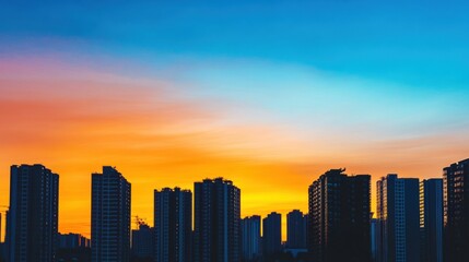 Aufkleber - Tall buildings stand in silhouette, framed by a stunning sunset that transitions from orange to deep blue, highlighting the skyline. Generative AI