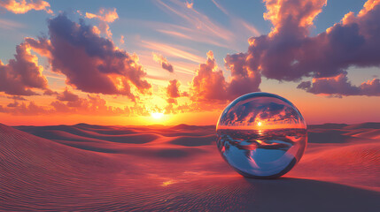 Wall Mural - Surreal desert landscape with reflective glass sphere, colorful sunset, and dramatic clouds. a unique, imaginative, and artistic scene. Mirage. Illustration