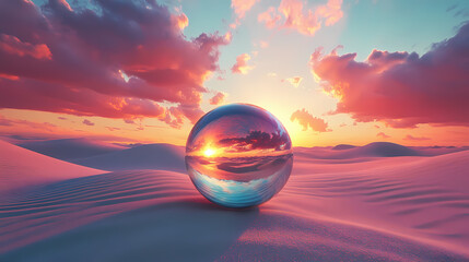 Wall Mural - Surreal desert landscape with reflective glass sphere, colorful sunset, and dramatic clouds. a unique, imaginative, and artistic scene. Mirage. Illustration