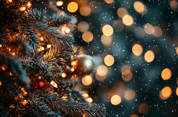 Aufkleber - Close-up of a frosted Christmas tree branch illuminated by warm lights