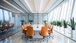 © imran_ - A modern, clean conference room with glass walls and bright lighting with large white meeting table surrounded by orange office chairs with sleek, contemporary design.