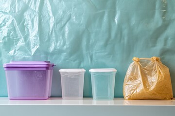 Aufkleber - Reusable containers are displayed prominently, emphasizing eco-friendliness amid a variety of single-use plastic waste. Generative AI