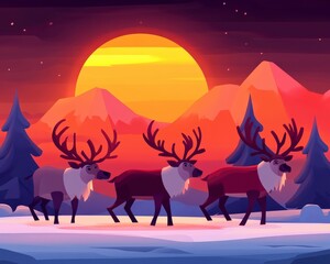 Wall Mural - Three cartoon reindeer walking across a snowy landscape with a large, setting sun and mountains in the background.