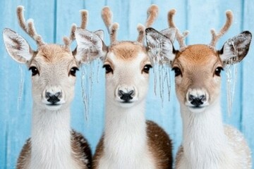 Wall Mural - Three cute deer with icicles on their antlers looking directly at the camera against a blue wooden background.