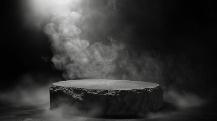 a dark grey stone pedestal in the center with smoke effects for product placement