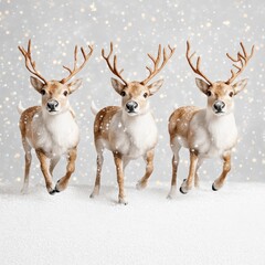 Wall Mural - Three reindeer running in the snow with sparkling lights.